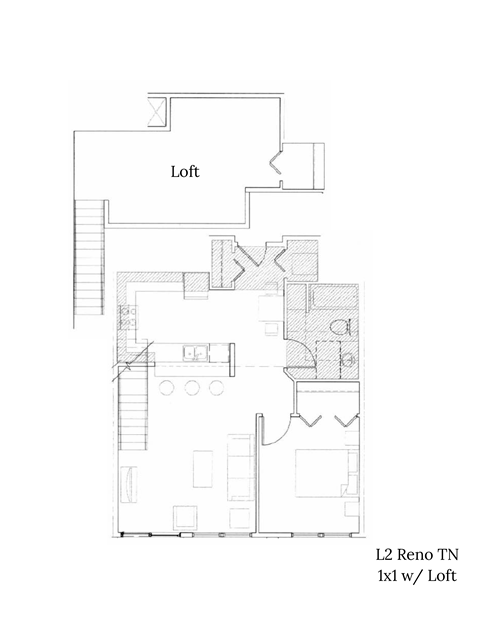Floor plan for 1 bed, 1 bath, 767 sqft